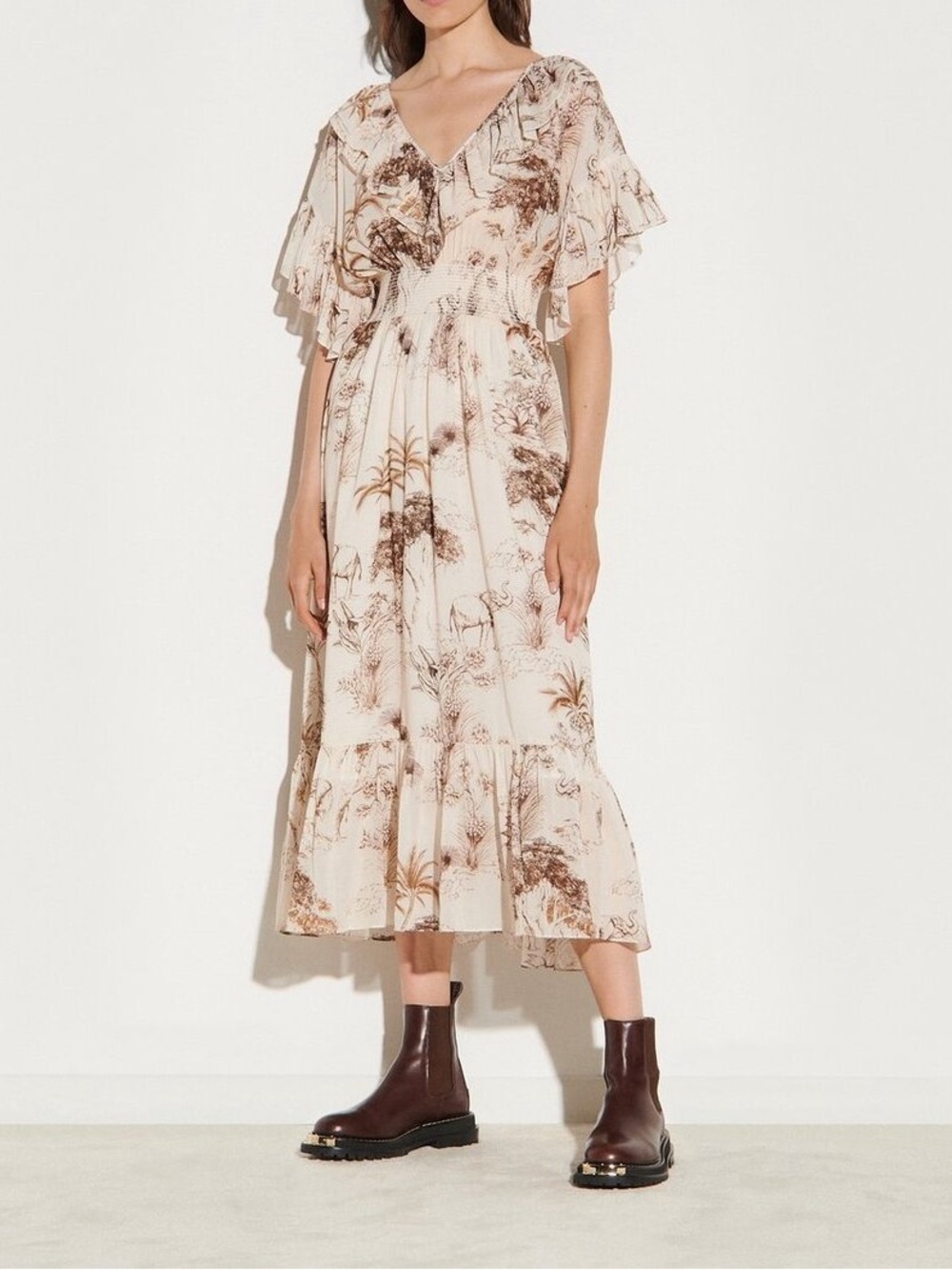 SANDRO Paris Marro Ruffled Elephant Print Gauze Midi Dress ~ Size Small NWT